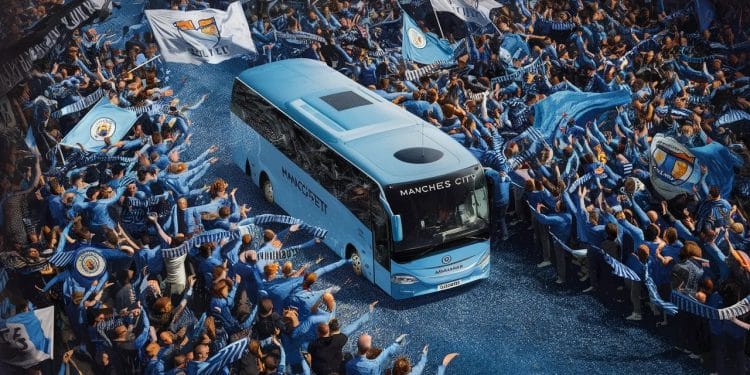 Manchester City défile en vainqueur – La folie dans les rues ! - Viral Mag Incroyable Manchester City célèbre son 4e titre consécutif en Premier League Revivez les moments forts du défilé des champions Viral Mag