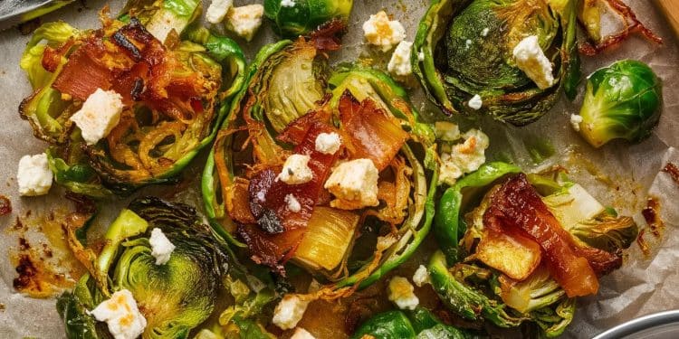 Découvrez notre recette savoureuse de choux de Bruxelles écrasés garnis de pancetta croustillante et de fromage de chèvre crémeux Une combinaison irrésistible de saveurs et de textures pour un accompagnement original et gourmand    Viral Mag