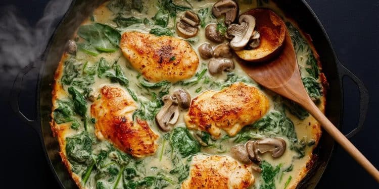 Délicieuse Casserole de Poulet aux Champignons et Épinards - Viral Mag Découvrez comment préparer une casserole crémeuse de poulet champignons et épinards qui cuit à la poêle et au four pour un dîner facile et savoureux Viral Mag