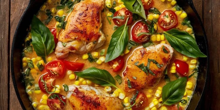 Découvrez notre recette express de poulet crémeux à la poêle avec du maïs frais des tomates juteuses et du basilic parfumé Un plat dété savoureux et léger prêt en seulement 20 minutes    Viral Mag