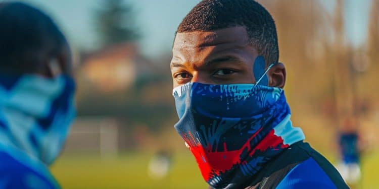 Kylian Mbappé porte un masque bleu-blanc-rouge dans un entraînement - Viral Mag Lattaquant français Kylian Mbappé est apparu avec un masque aux couleurs de la France lors de la dernière séance dentraînement des Bleus avant leur match de lEuro 2024 contre les Pays Bas Viral Mag
