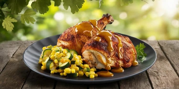 Découvrez notre savoureuse recette de poulet grillé nappé dun délicat mélange de miel et de moutarde accompagné dun relish rafraîchissant de courgettes et de maïs parfait pour vos barbecues dété    Viral Mag