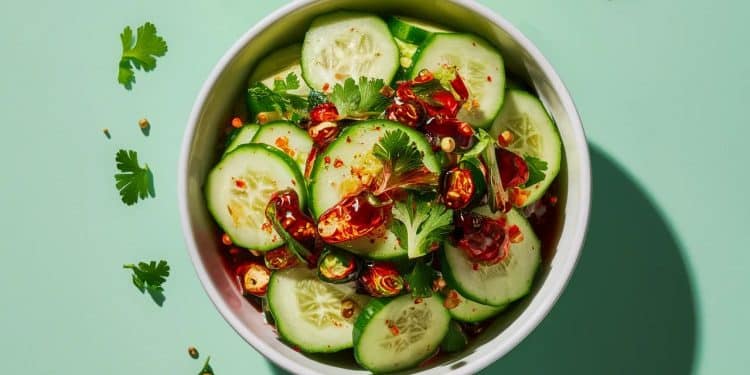 Une Salade de Concombre Épicée pour Pimenter votre Été - Viral Mag Découvrez notre recette de salade de concombre épicée avec de lhuile de chili Un mélange rafraîchissant et relevé de saveurs asiatiques pour égayer vos repas estivaux Viral Mag