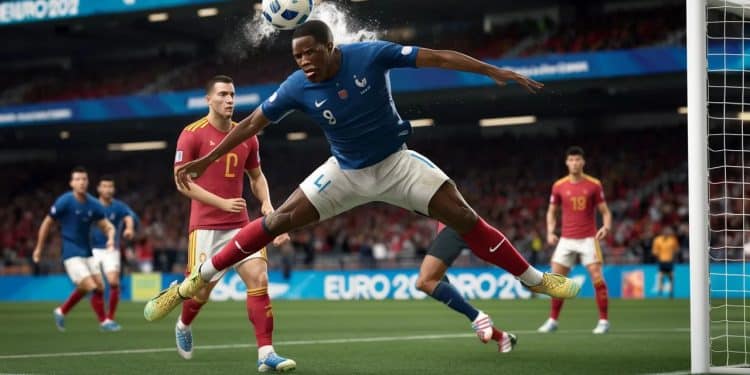 Lattaquant français Randal Kolo Muani a ouvert le score dune tête rageuse contre lEspagne en demi finale de lEuro 2024 Un but qui lance idéalement les Bleus   Viral Mag