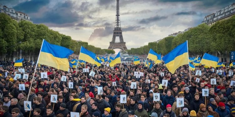 Marche à Paris en hommage aux athlètes ukrainiens morts au combat - Viral Mag 1000 personnes ont marché à Paris pour rendre hommage aux 450 athlètes ukrainiens morts au combat depuis le début de la guerre en Ukraine Viral Mag