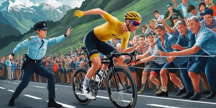 Un Spectateur Violemment Poussé lors du Sprint Final du Tour de France 2024 - Viral Mag Lors du duel épique entre Pogacar et Vingegaard dans la dernière montée du Tour un gendarme a brutalement écarté un spectateur qui sapprochait trop près des coureurs   Viral Mag