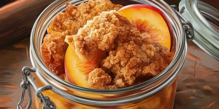 Une Recette Matinale Gourmande: Le Crumble Pêche Façon Tarte - Viral Mag Découvrez notre délicieuse recette de crumble pêche façon tarte pour un petit déjeuner sain et réconfortant Préparez la la veille pour un réveil tout en douceur Viral Mag