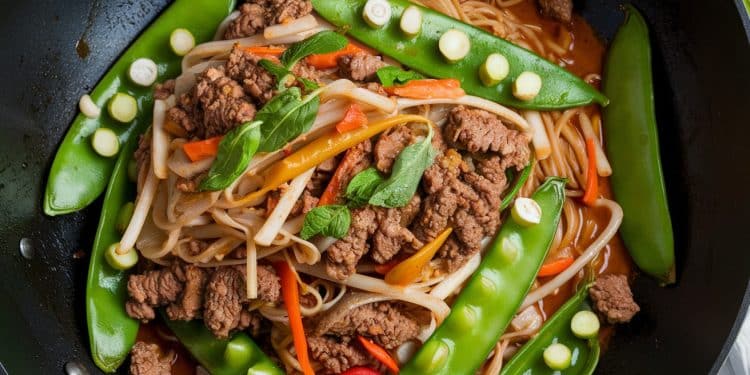 Découvrez notre recette facile et savoureuse de wok de bœuf haché et pois gourmands aux nouilles de riz pour un dîner rapide qui ravira vos papilles    Viral Mag