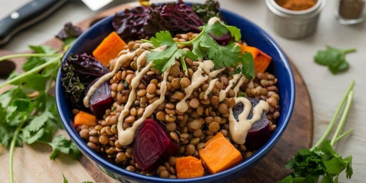 Un bol nourrissant de lentilles parsemé de légumes racines rôtis et de verdure Vegan et plein de saveurs ce plat réconfortant est facile à préparer pour un dîner en semaine   Viral Mag