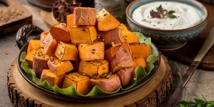 Recette épicée de patates douces à la méditerranéenne - Viral Mag Découvrez une recette savoureuse de patates douces rôties aux épices servies sur un yaourt parfumé à lail Un délice réconfortant et sain Viral Mag