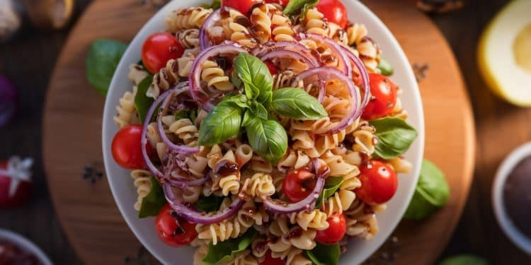 Découvrez notre recette facile et savoureuse de salade de pâtes tomate balsamique Parfaite pour les repas estivaux en famille ou entre amis    Viral Mag