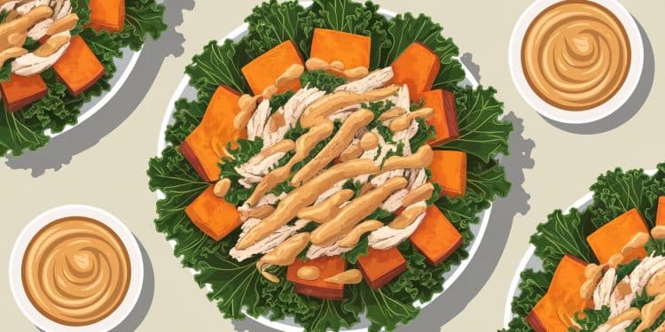 Salade Poulet, Patates Douces et Kale : Un Délice Sain et Gourmand - Viral Mag Découvrez notre savoureuse recette de salade au poulet patates douces et kale assaisonnée dune délicieuse vinaigrette aux arachides Un repas équilibré et savoureux parfait pour un déjeuner sain et nourrissant Viral Mag