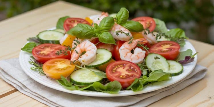 Une délicieuse salade d’été aux crevettes pour ravir vos papilles - Viral Mag Découvrez notre salade estivale aux crevettes tomates et concombre rehaussée de basilic frais Une recette saine et savoureuse parfaite pour vos repas dété    Viral Mag