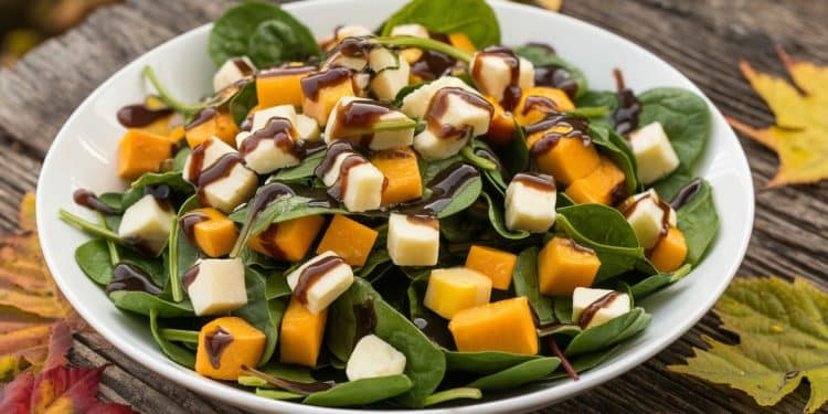 Découvrez notre recette de salade dautomne pleine de saveurs avec des épinards tendres de la courge rôtie des pommes croquantes et du cheddar fondant   Viral Mag