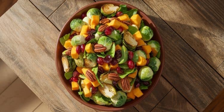 Vous cherchez une salade dautomne saine savoureuse et facile Découvrez notre recette végétarienne aux délicieux choux de Bruxelles et courge rôtis   Viral Mag