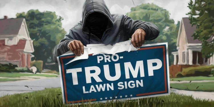 Panneaux Électoraux Volés : Un Symptôme de Tensions Politiques - Viral Mag Aux États Unis le vol de panneaux électoraux dans les jardins révèle une Amérique divisée et à cran à lapproche des élections présidentielles Viral Mag