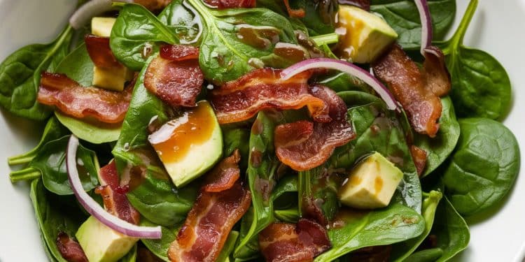 Cette salade dépinards aux saveurs audacieuses réchauffera vos papilles Bacon croustillant vinaigrette chaude oignon rouge et avocat crémeuse Recette facile et rapide   Viral Mag
