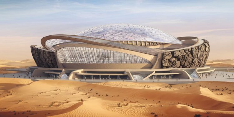 Arabie Saoudite : Stades futuristes pour Coupe du Monde 2034 - Viral Mag Stade volcanique enceinte cristal stade à 350 m lArabie Saoudite promet un Mondial 2034 grandiose et futuriste avec des projets architecturaux fous Viral Mag