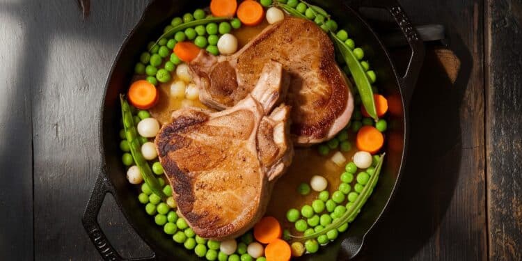 Côtelettes de Porc Poêlées aux Petits Pois, Carottes et Oignons Grelots - Viral Mag Découvrez notre recette express de côtelettes de porc poêlées accompagnées de petits légumes printaniers pour un dîner savoureux et équilibré Viral Mag
