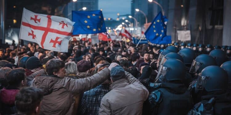 Géorgie : Manifestations Massives Contre le Gouvernement Prorusse - Viral Mag Des manifestations pro européennes secouent la Géorgie le gouvernement accusé de dérive autoritaire et prorusse Le Kremlin sinquiète Viral Mag