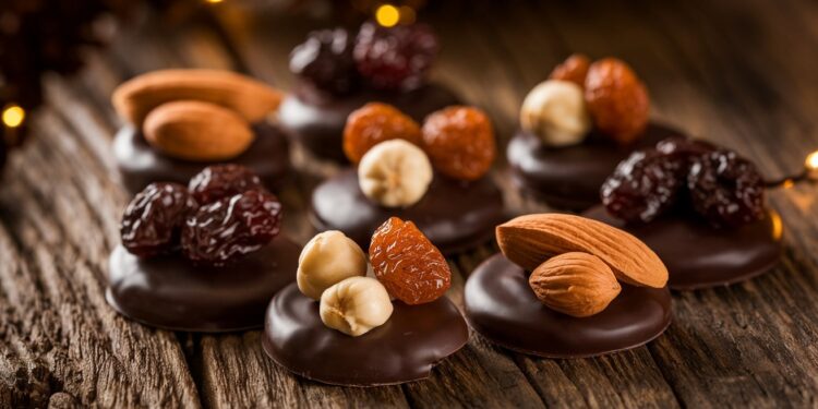 Découvrez la véritable recette des mendiants en chocolat une confiserie traditionnelle et facile à réaliser pour votre table de Noël Palets de chocolat noir surmontés de fruits secs évoquant les robes des quatre ordres mendiants   Viral Mag