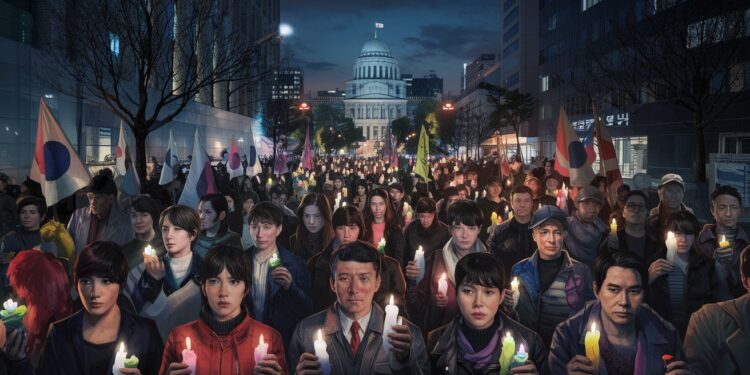 Manifestations Massives à Séoul Après le Coup de Force du Président - Viral Mag Des milliers de Sud Coréens indignés manifestent contre le président Yoon Suk Yeol suite à sa tentative avortée dimposer la loi martiale Viral Mag