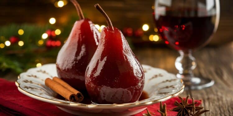 Poires Pochées au Vin Rouge : Le Dessert de Noël Incontournable - Viral Mag Les poires pochées au vin rouge un dessert traditionnel et festif qui émerveillera vos convives à Noël Découvrez notre recette pas à pas pour réussir ce grand classique Viral Mag