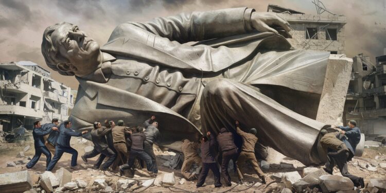 Rebelles Syriens Renversent Statue d’Hafez al-Assad à Hama - Viral Mag Des rebelles menés par des islamistes extrémistes ont renversé une imposante statue de lancien président syrien Hafez al Assad à Hama une scène hautement symbolique rappelant la chute de Saddam Hussein à Bagdad en 2003 Viral Mag