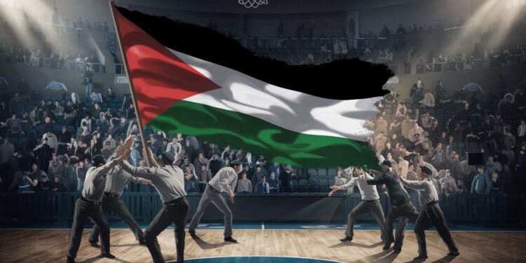 Scandale lors d’un match de basket : Un militant propalestinien perturbe la rencontre - Viral Mag Tension palpable durant un match de Ligue des champions de basket à Nanterre un individu agitant un drapeau palestinien sème le chaos sur le terrain Viral Mag