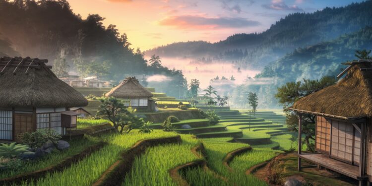 Un Voyage Enchanteur au Cœur du Japon Rural Traditionnel - Viral Mag Partez pour un périple inoubliable à travers les paysages bucoliques du Japon rural où se côtoient rizières verdoyantes maisons traditionnelles au toit de chaume et rivières cristallines Laissez vous envoûter par le charme intemporel de ces villages paisibles Viral Mag