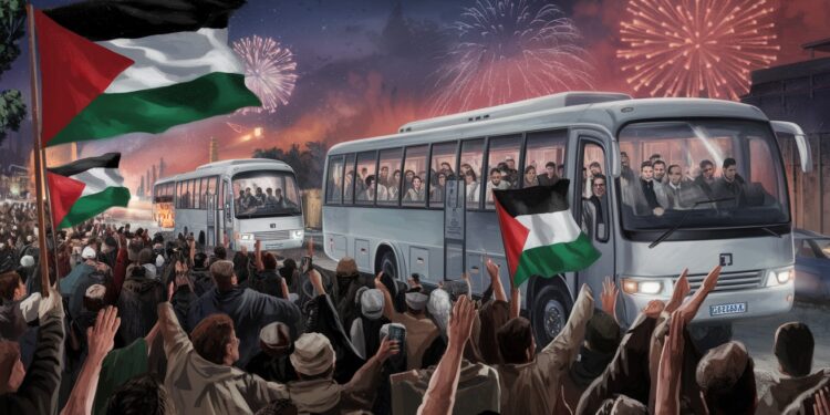 Cisjordanie : Accueil triomphal pour les prisonniers palestiniens libérés - Viral Mag Une foule en liesse a salué le passage des bus transportant des dizaines de détenus palestiniens libérés par Israël dans le cadre dun accord de trêve   Viral Mag