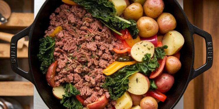 Découvrez le délicieux plat à base de bœuf haché et pommes de terre ! - Viral Mag Ce savoureux plat à base de bœuf haché et de pommes de terre va vous régaler  Facile à préparer en une poêle il regorge de légumes colorés pour un repas sain et équilibré Découvrez la recette ici   Viral Mag