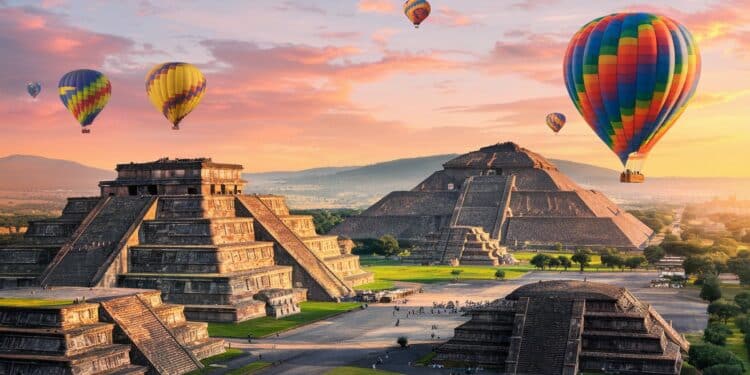 Envolez-Vous pour une Aventure Inoubliable à Teotihuacan - Viral Mag Découvrez la magie dun vol en montgolfière à Teotihuacan lancienne cité aztèque Admirez les pyramides majestueuses et vivez des sensations fortes Viral Mag