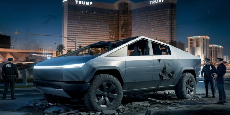 Explosion Mystérieuse d’un Cybertruck Tesla à Las Vegas - Viral Mag Une Tesla Cybertruck explose devant lhôtel Trump à Las Vegas le suspect retrouvé mort à lintérieur est un militaire aux motivations encore inconnues   Viral Mag