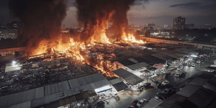 Incendie Catastrophique Au Marché De Kantamanto À Accra - Viral Mag Énorme incendie au marché aux fripes de Kantamanto à Accra Ghana Milliers de commerçants touchés pertes économiques considérables Enquête en cours Viral Mag