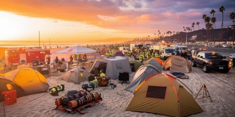 Les Pompiers Transforment la Plage de Malibu en Base Géante - Viral Mag Face aux incendies des milliers de pompiers des quatre coins de lAmérique du Nord établissent un immense campement sur la plage de Malibu   Viral Mag