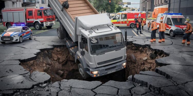 Un camion englouti dans un énorme trou : le sauvetage périlleux au Japon - Viral Mag Au Japon un camion est tombé dans un gigantesque trou en pleine rue Les secouristes tentent actuellement un sauvetage risqué pour extraire le conducteur Viral Mag