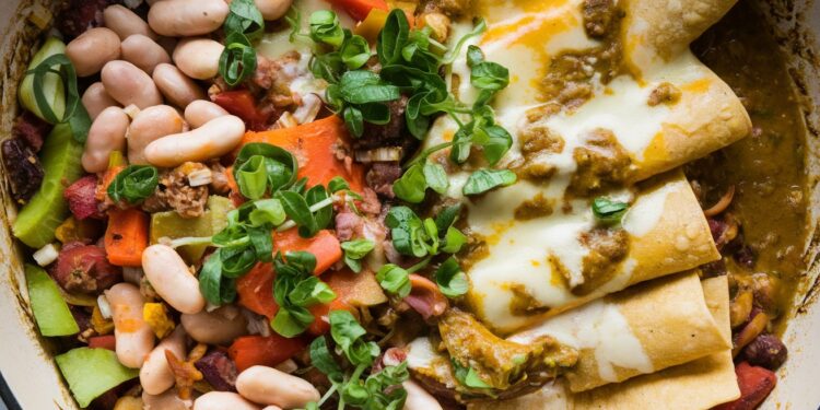 Cette savoureuse poêlée végétarienne inspirée des enchiladas mexicaines réinvente le dîner en semaine avec ses haricots blancs légumes mijotés et tortillas fondues au fromage Un plat réconfortant et équilibré à savourer sans attendre    Viral Mag