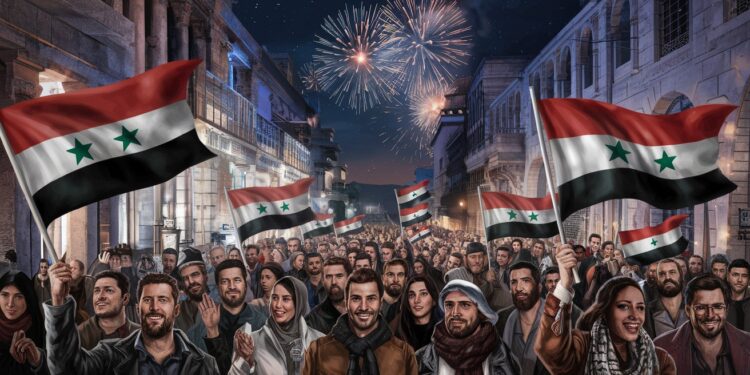 A Damas des centaines de personnes célèbrent avec espoir la chute du régime des Assad Drapeaux de la révolution flottent nouveau gouvernement accueilli avec enthousiasme ambiance de renouveau   Viral Mag