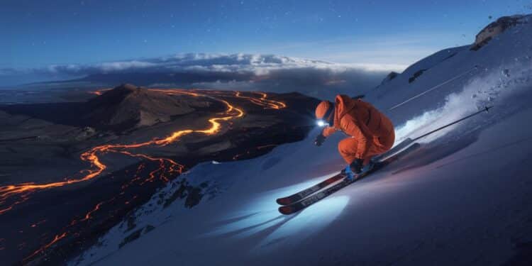 Des skieurs intrépides ont profité de léruption de lEtna pour dévaler les pentes enneigées à côté de rivières de lave Une descente unique en son genre    Viral Mag