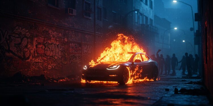 Incendies Tesla : Une Vague de Violence Politique - Viral Mag Des voitures Tesla incendiées aux États Unis un homme poursuivi risque 40 ans de prison Découvrez les dessous de cette vague de violence politique Viral Mag