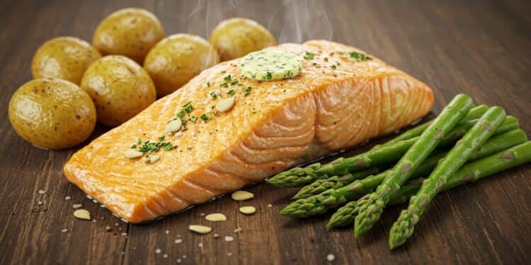 Recette Facile de Saumon Rôti au Beurre d’Ail - Viral Mag Découvrez une recette simple et savoureuse de saumon rôti au beurre dail avec pommes de terre et asperges Un dîner sain en 40 min chrono    Viral Mag