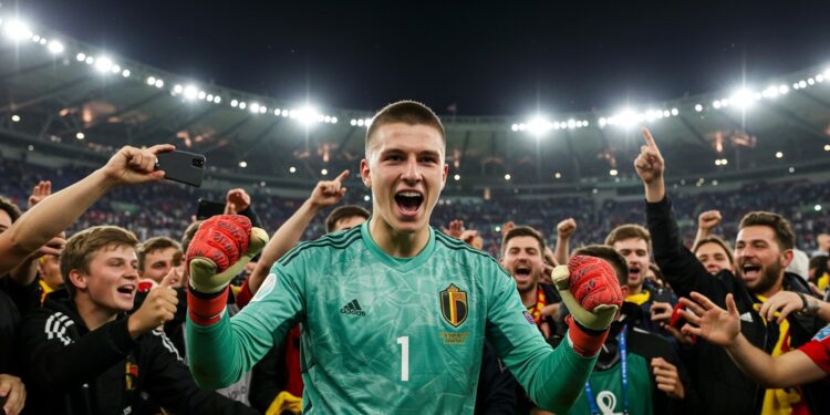 Un Gardien Belge Émeut par un Geste Unique - Viral Mag Un gardien belge stoppe un penalty et célèbre avec les supporters adverses un moment de sportivité et démotion Découvrez cette histoire touchante Viral Mag