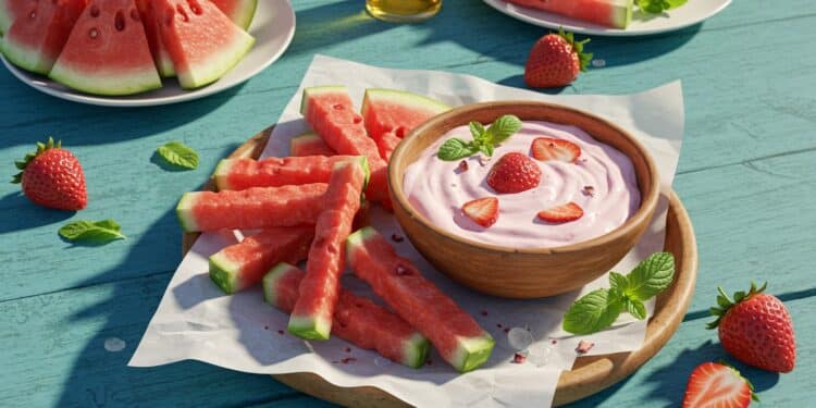 Une Nouvelle Façon Adorable de Servir la Pastèque - Viral Mag Découvrez comment couper la pastèque en frites avec un couteau cranté et préparer une trempette gourmande Une idée estivale irrésistible    Viral Mag