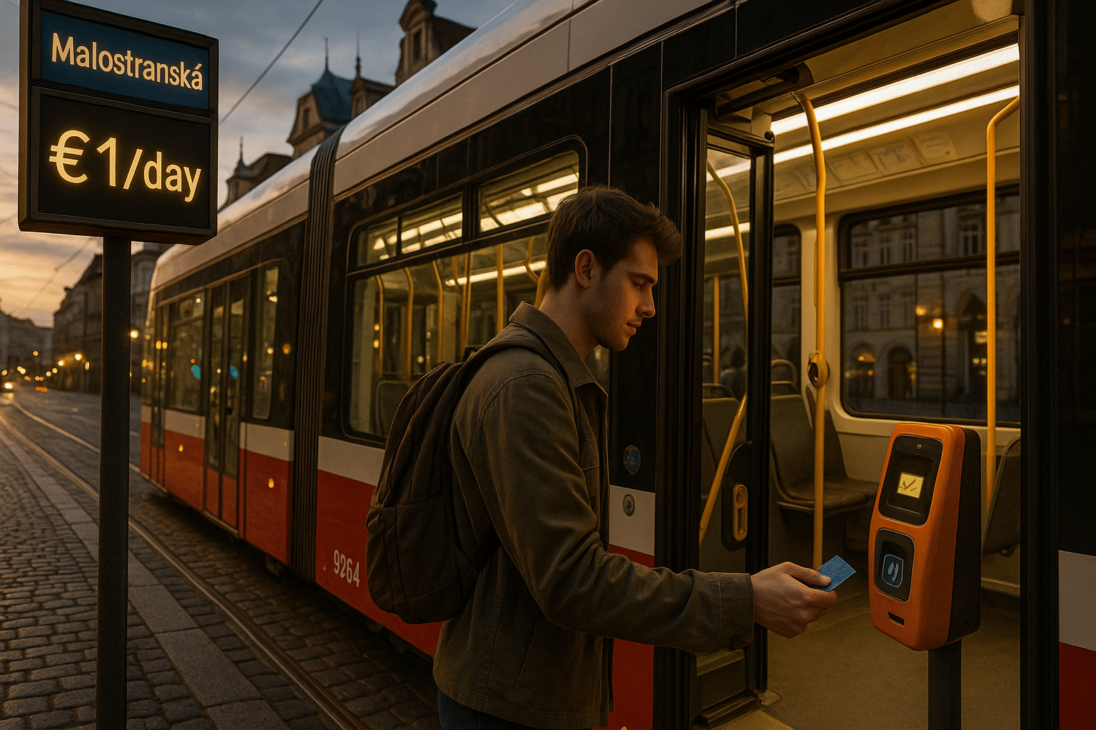 Voyageur validant son ticket de tram à Prague au crépuscule