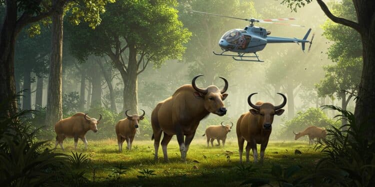 Cambodge : Sauvetage Épique de Bœufs Sauvages par Hélicoptère - Viral Mag Sauvetage inédit au Cambodge des bantengs bœufs sauvages menacés guidés par hélicoptère vers une réserve Découvrez cette opération unique pour préserver la biodiversité Viral Mag