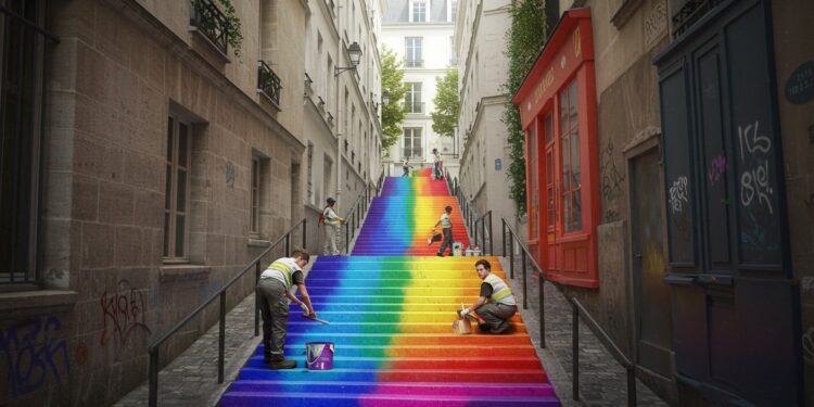 À Paris des escaliers LGBT repeints en blanc par des homophobes retrouvent leurs couleurs Découvrez comment la ville combat les discriminations   Viral Mag