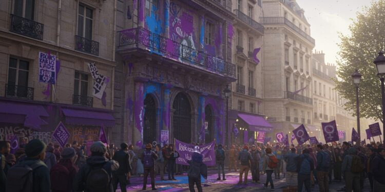 Féminisme et Édition : Une Façade Vandalisée à Paris - Viral Mag Des militantes féministes dénoncent un éditeur parisien en vandalisant sa façade pour protester contre la publication du livre dun acteur controversé Viral Mag