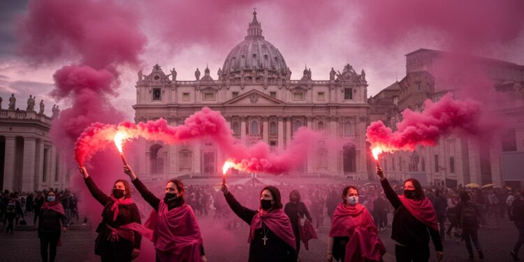 Fumée Rose à Rome : Un Cri pour l’Égalité Féminine - Viral Mag Fumée rose à Rome  des militantes catholiques réclament légalité dans lÉglise Découvrez leur combat pour lordination des femmes   Viral Mag