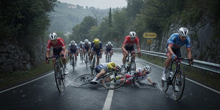 Giro 2025 : Chute Spectaculaire Neutralise la Course - Viral Mag Une chute massive sous la pluie lors du Giro 2025 à 69 km de Naples a stoppé la course Découvrez les détails de cet incident dramatique Viral Mag